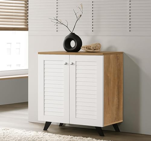 Image of Mevigo Wooden Shoe Rack Cabinet for Entryway - Modern 2 Door 4-Tier Storage Organizer, Wooden Cupboard for Home, Space Saving Shoe Rack Wallnut Shoes Storage Cabinet -White-VB1