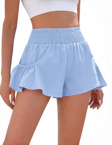 Zeagoo Kurze Hose Damen Leicht Hoch Taillierte Shorts Bequeme Stretch Musselin Sommerhose Hell Blau S