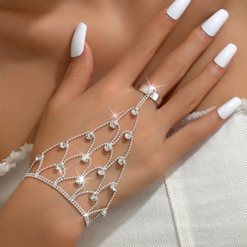 FUTIMELY Rhinestone Ring Bracelet Silver Crystal Hand Chain Finger Ring Bracelet Long Tassel Chain Bracelet Wedding Party Dance Banquet Dress Prom Jewelry for Women2