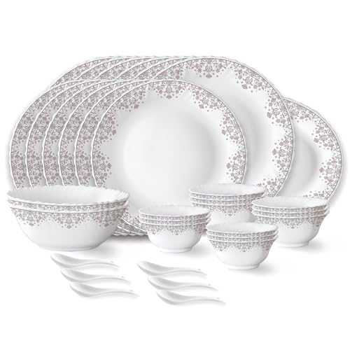 Larah by Borosil Lark Fluted Series Opalware Dinner Set | 33 Pieces for Family of 6 | Microwave & Dishwasher Safe | Bone-Ash Free | Crockery Set for Dining & Gifting | Plates & Bowls | White