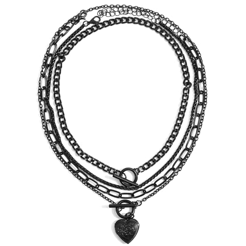 Mabor Grunge Layered Necklace, Y2k Black Necklace with Peach Heart Pendant Cute Aesthetic Stack Toggle Chain Necklaces for Women Vintage Emo Jewelry