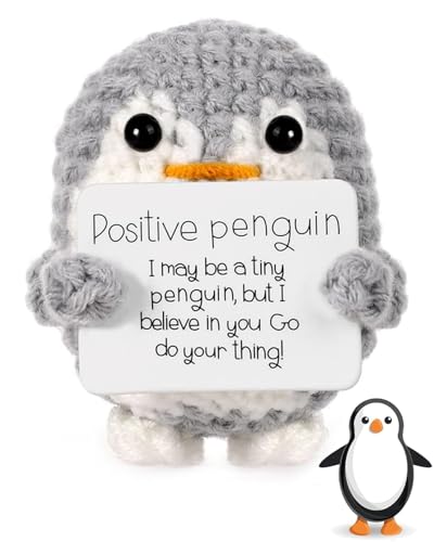 NHCDFA Synthetic Gift, Emotional Support Gift, Gifts For Woman, Funny Crochet Penguin Doll With Positive Message Card, Cute Desk Decor For Home Or Office, Men Women Gifr For Birthday Christmas (Grey)