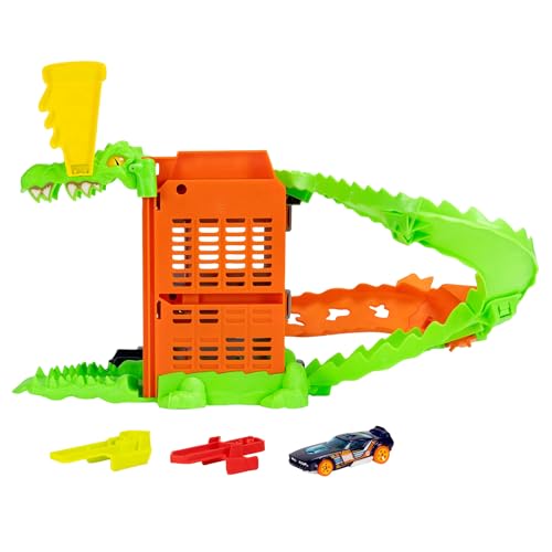 Pista Hot Wheels Croc Pizza Attack para evitar que el caimán coma el coche 5