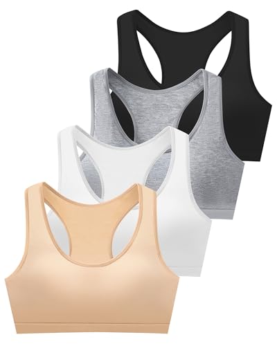 Cotton Training Bras for Girls 10-12 Sports Seamless Racerback Training Bralettes with Removable Padding - 4 Pack