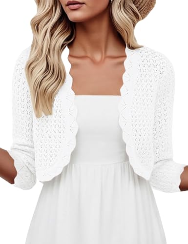 Halife Womens Cropped Cardigan 3/4 Sleeve Lightweight Crochet Cardigan