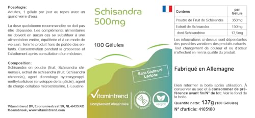 Vitamintrend Gélules de Schisandra 500 mg, 180 pièces, haute dose, Schisandra chinensis, complément alimentaire vegan sans stéarate de magnésium, fabriqué en Allemagne – vue 4