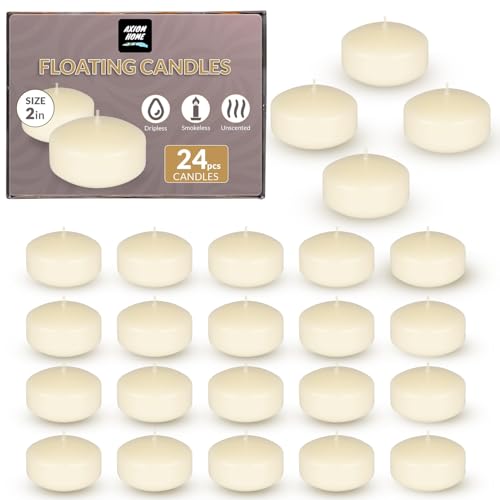 Axiom - Ivory Floating Candles (24-Pack) - 2 inch floater for Centerpieces - Hand-Rolled Paraffin, Cotton Wicks, 4-Hour Clean Burn - Unscented, Dripless Water Candles for Weddings, Parties, Home Decor