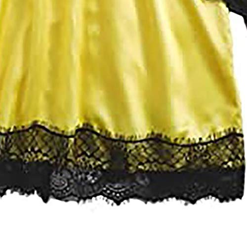 Wodceeke Women's 4 Pieces Silk Robe Satin Bathrobe Pajama Set With Belted V-Neck Sleepwear, Sexy Lace Cami Top Lingerie And Panty (M, Yellow, One_Size) #TOP3