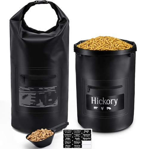 Maxdot 20lb Wood Pellet Storage Bag with Scoops and Labels, Waterproof Outdoor Fabric Container Grill Accessories for Pellets, Charcoal, Wood Chips