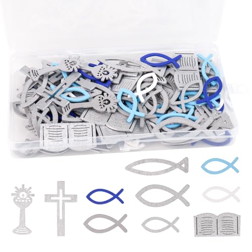 BigKego Lot de 100 poissons en bois - Croix - Phare - Décoration de table - Pour garçon et fille - Pour baptême, confirmation, communion