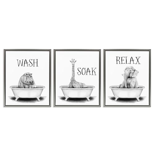 Image of Jungle Animals Bathroom Signage, 16 x 20 Inch Canvas in Floater Frame Set | Stupell Industries . By Rachel Nieman . Ready to hang . Great for bath and laundry . Made in USA