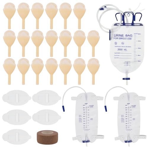 External Male catheters for Men, 20pcs Soft Latex Sets, 1000ml & 2000ml Urine Bags for Elderly, 2 Roll Tapes Set for Incontinence Men (35mm)