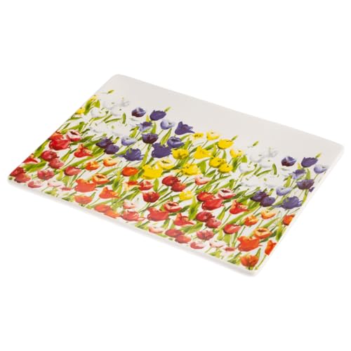 Boston International Ceramic Rectangle Plate Serving Platter Tray, 10" x 8", Tulipfield