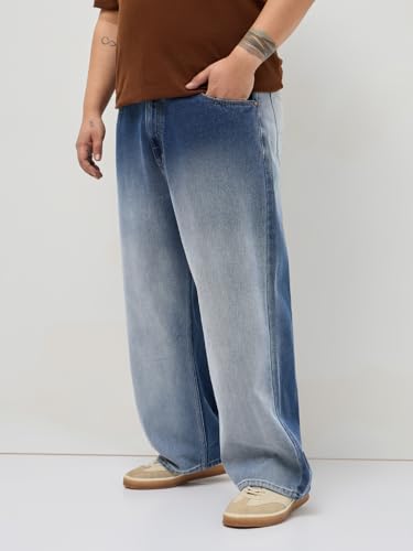 Image of Urbano Plus Men's Loose Baggy Fit Heavy Washed Faded Denim Jeans Non-Stretchable