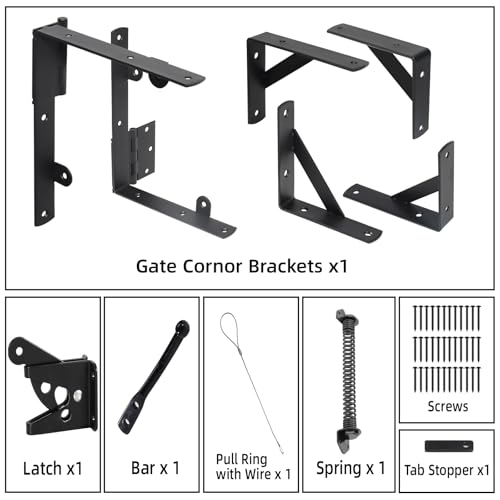 Fence Gate Kit Gate Hardware, 1 Set Anti Sag Gate Kit Gate Frame Cornor Brackets Kit with Self Closing Gate Springs Hings Latchs for Outdoor Garden Backyard Wooden Fence Deck Porch Gate