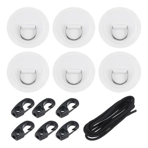 PATIKIL D-Ring Patch, 6 Pcs Stainless Steel D-Ring PVC Patch Pad No Glue Include with Elastic Cords and Hooks for Inflatable Boat Paddle Board Canoe Surfboard, White
