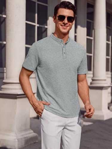 Crastimo Men's Henley Shirts Short Sleeve Regular Fit Ribbed Waffle Knit Soft High Stretch Fabric Moisture Wicking 3 Buttons Breathable Dress Gray XL — view 3