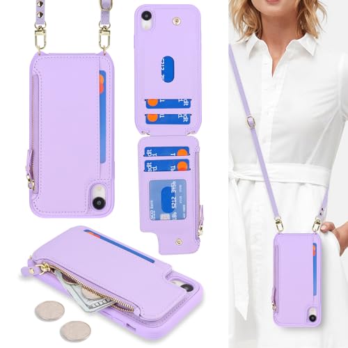Cavor for iPhone Xr Wallet Case with Card Holder for Women,for iPhone Xr Case with Strap,Crossbody Lanyard and Wristlet Zipper Pocket Phone Cover-Purple