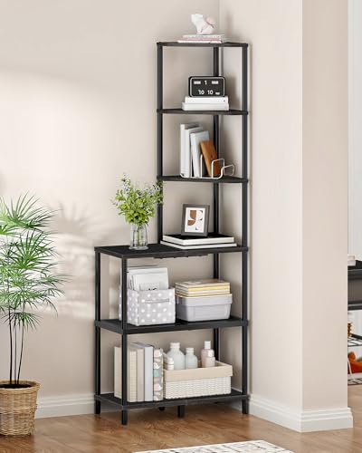 CHOEZON 6-Tier Corner Shelf, Industrial Corner Bookshelf with Desk Top, Diamond-Shaped Storage Shelves, Display Stand for Small Spaces, Living Room, Home Office, Foyer, Black TCJ70BB