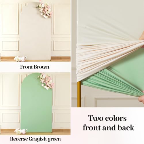 Image of 7.2FT 6FT Arch Backdrop Cover for Party, Set of 2 Stretchy Spandex Fitted Arch Stand Cover for Baby Shower, Birthday Wedding Decor, Chiara Backdrop Cover with Double-Sided Design(Beige, Green)