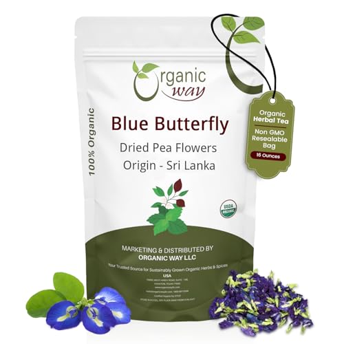 Organic Way Dried Blue Butterfly Pea Flowers (Whole) Herbal Tea | Organic, Vegan, Non GMO & Gluten Free | USDA Certified | 100% Raw from Sri Lanka 16 Oz (Pack of 1)