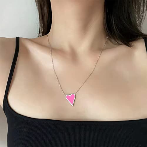 Heart Necklace For Women Girls Trendy Preppy Jewelry Gold Plated Love Heart Pendant, Heart Paperclip Chain Necklace For Teen Girls Cute Heart Necklaces Birthday Gifts For Women Dainty Jewelry (Pink Red) #TOP6