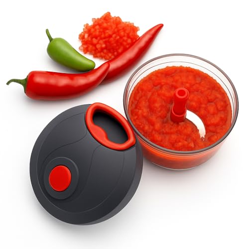 Image of Manual Food Chopper with Pull Cord, 3 Stainless Steel Blades - 450ml Vegetable, Fruit & Onion Cutter (Black & Red)