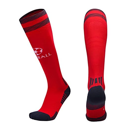 OMING Strumpor fotbollsstrumpor andningsbara sport fotbollsstrumpor halkskydd lång strumpa utomhus elastisk nylon män och kvinnor strumpor kvinnors atletiska strumpor (färg: Röd, storlek: 39-42 US 7-8,5)