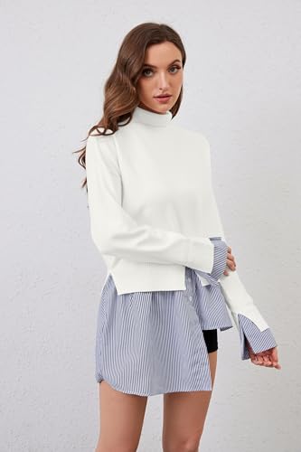 Image of HOCANDY Women Split Turtleneck Sweater 2 in 1 Button Down Patchwork Peplum Blouse Sweaters Asymmetrical Pullover Knit Sweater White