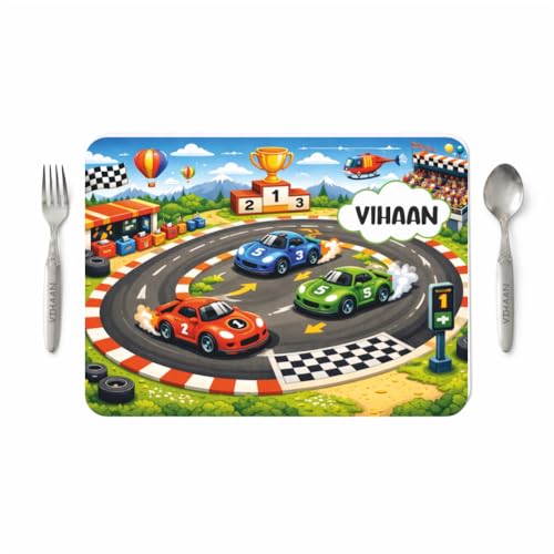 Image of Customized Table Mat with Name & Design Engraving | Personalized Dining Mat with Spoon & Fork | Customized Birthday Gift for Kids (Car)