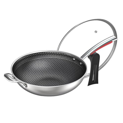 Sartenes wok con tapa, sartén grande de panal de acero inoxidable de 12,6 pulgadas con mango, libre de PFAS y PFOA, woks for freír de inducción, wok tradicional de fondo redondo presazonado, for induc