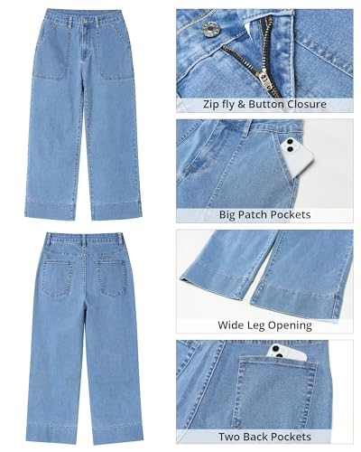 GRAPENT Casual Women's Capri Denim Pants - Stretchy High Waisted Wide Leg Cropped Jeans for Women - Ladies Roadknight Blue Size 12 to 14