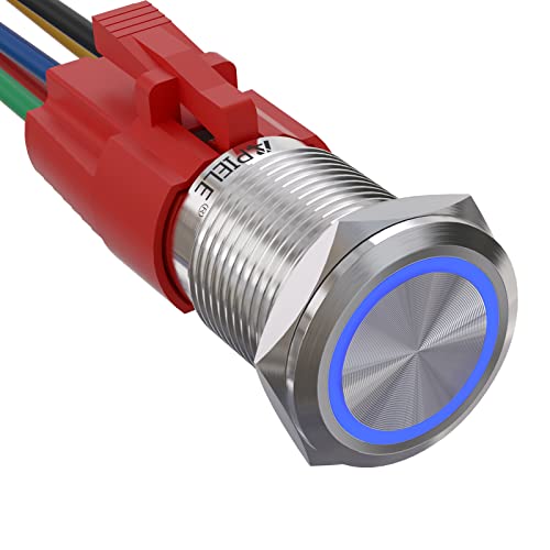 APIELE Interruptor de presión de bloqueo de 16 mm, 12 V CC, 5 A, de acero inoxidable con anillo de iluminación LED, impermeable, con enchufe precableado (azul) Cover