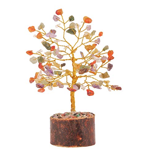 FASHIONZAADI Mix Chakra Feng Shui Bonsai Money Tree Healing Crystals Gemstone Trees Natural Stone Home Office Table Décor Health Prosperity Size 7-8 inch (Golden Wire) Cover