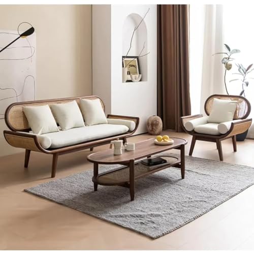 Image of Modern Rattan Cane Sofa with Curved Arms Wooden Frame, Beige Cushions and Throw Pillows Sofa for Living Room, Bedroom, Hallways (2 Seater)
