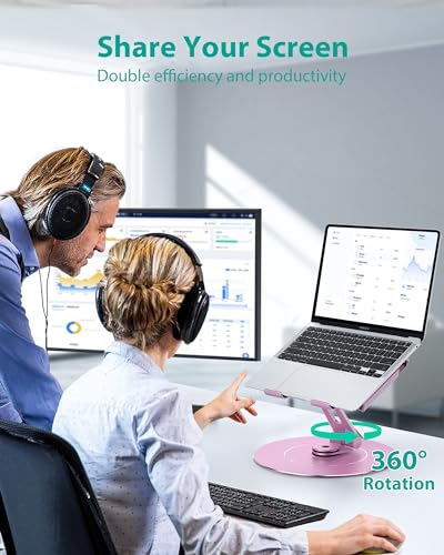 Image of NTMY 360 Rotating Laptop Stand with Phone Holder,Laptop Stand for Desk Adjustable Height Foldable,【Largest Base】 Aluminum Laptop Riser Fits MacBook, Dell, HP, Acer,Lenovo,(10-17.3'')-Pink