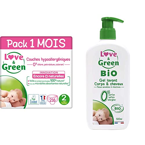 Couches Taille 2 et gel lavant bio pour le bain de bébé et un mois de change serein à la maison