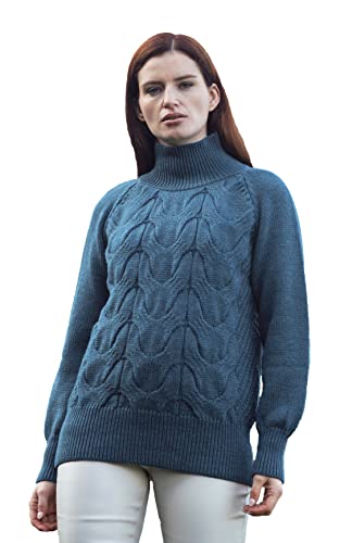 Image of Aran Crafts Irish Cable Knitted Chunky Sweater, 100% Super Soft Wool, Authentic & Traditional, Classic Fisherman Sweater-Style Knit, Made in Ireland, R5108-LG-TEAL
