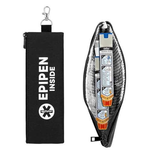 EpiPen Carry Case for 2 EpiPens Insulated, Double Sided Emergency Printing Epipen Holder Bag with Carabiner, Waterproof Travel Epipen Case for Asthma, Allergies, Sports & Outdoor Emergencies (Black)