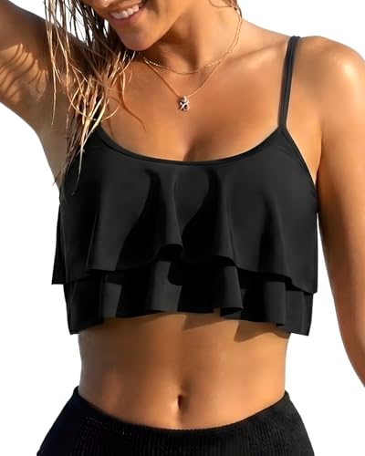 Tempt Me Ruffled Bikini Top Black Flounce Swimsuit for Women Bathing Suit Top Only XXL