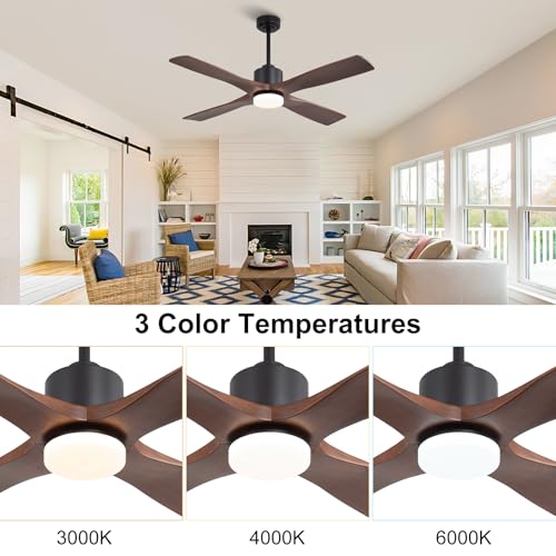 Image of LEDLUX 54 inch Ceiling Fans with Lights -Modern Ceiling Fan with Light, 6-Speed Remote, 4 Solid Wood Blades, Quiet DC Motor, for Bedroom, Living Room, Outdoor, Black with Walnut