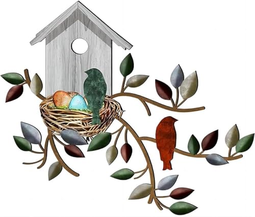 Décoration Murale d'oiseau en métal, décoration Murale extérieure, Arbre en métal Suspendu avec nichoir, décoration Murale pour Jardin intérieur et extérieur