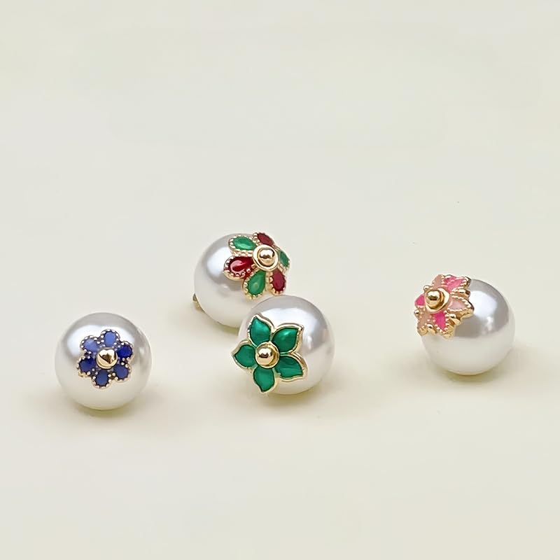 Bottoni di perle, 50 szt. 10 mm zielony kwiatek biała perła mała okrągła kula perłowe guziki okrągła gruszka do rękodzieła tkanin(Green Flower)