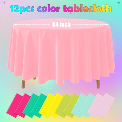 12 Pack Hawaiian Plastic Tablecloth for Round Tables, Pink Green Yellow Tropical Disposable Table Cover, Luau Round Table Cloth for Summer Flamingo Birthday Picnic Party Supplies Decorations by Hauwellter - Used condition - Image 2
