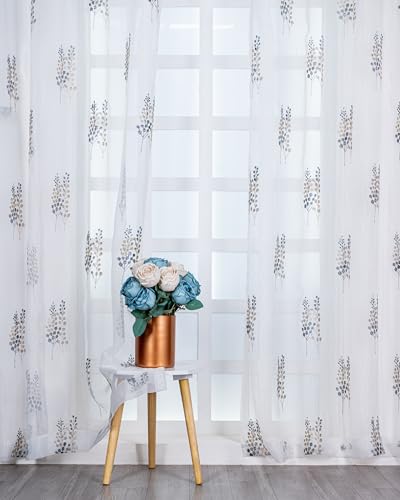 Image of (7 Ft Sheer Tissue with Embroidery Tree Design | Eyelet Window Long Curtain | Window Single Curtain (Golden & Grey) | for Home | (Pack of 1)