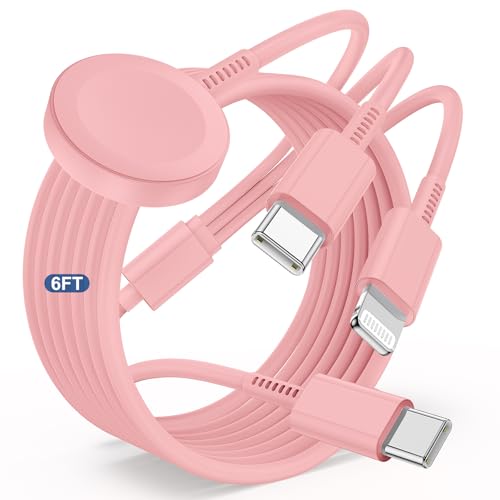 Image of for Apple Watch Charger Fast Charging,3 in 1 Multi Charger USB C Cable,iWatch Charger Cord 6FT for iWatch Ultra3 /2 /1 /SE 3 /2 Series 11 /10 /9 /8 /7 /6 /5 /4,for iPhone17 15 16 Pro Max /14 /13 /12 /11-Pink