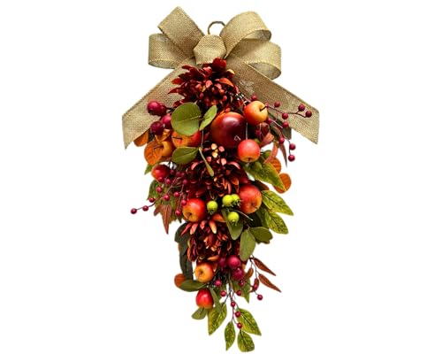 Svndlyn 25 Inch Fall Teardrop Swag with Faux Apples and Burgundy Mums
