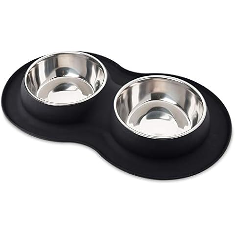 Roysili Double Dog Bowl Pet Feeding Station, Stainless Steel Water and Food Bowls with Non Skid Non Spill Silicone Mat, Premium Quality Dog Bowl Holder for Small Medium Dogs Cats Puppy (Small, Black) Cover