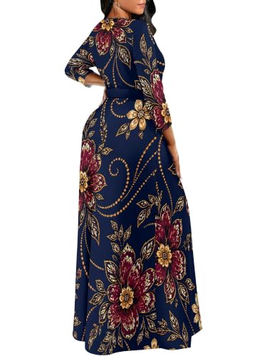 Image of Women Plus Size Long Sleeve V Neck Maxi Dress with Belt | Soft fabric relaxed fit three quarter sleeve v neck with pockets for party and daily wear