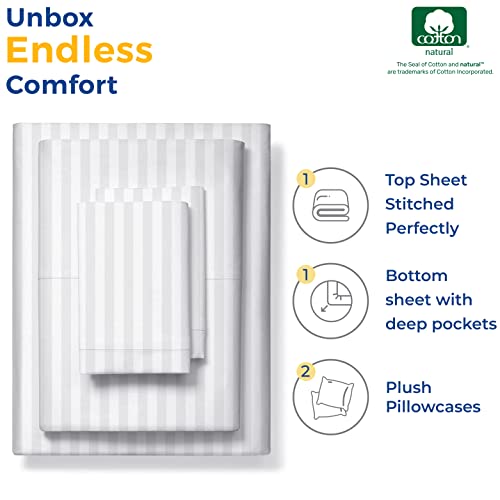 600-Thread-Count Egyptian Quality 100% Cotton Striped Sheets - Cal King Size Damask Bedsheets For Hot Sleepers - Sateen Weave, Deep Pocket Fitted - 4 Pc Hotel Sheets For California King Beds - White #TOP2
